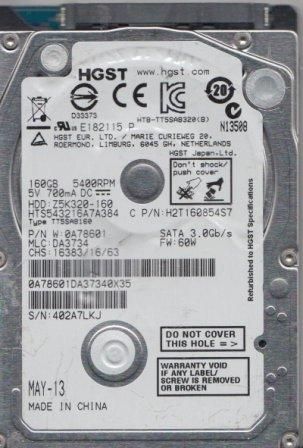 Hitachi 0A78601, Recertified 2.5" Internal Hard Drive SATA 3Gb/s, 160GB