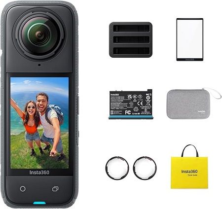 ‎Insta360 CINSABMA-AC, X4 Action Bundle - 8K Waterproof 360 Action Camera, 4K Wide-Angle Video, Invisible Selfie Stick Effect, Removable Lens Guards, AI Editing, Stabilization, No microSD Card 