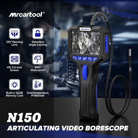 MRCARTOOL N150, Industrial Endoscope 6.2mm 2-Way Borescope Inspection Camera HD 3.5 inch Screen 